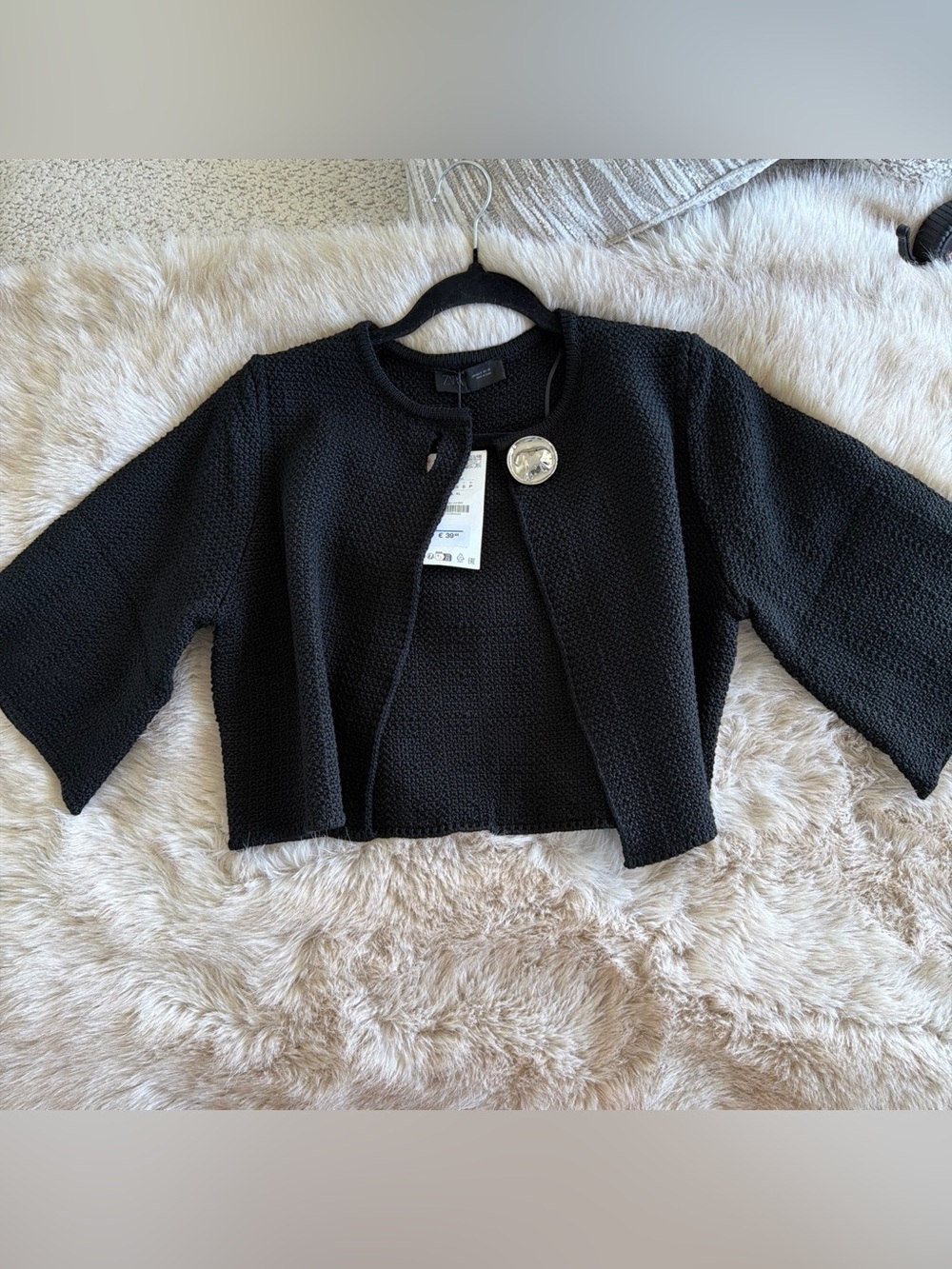 ZARA Black Cropped Textured Collarless Jacket with Decorative Button